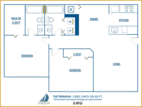 Floor plan for 2 beds, 2 baths, 924 sqft